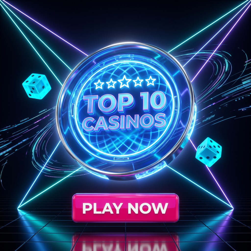 Neon futuristic graphic for Top 10 Casinos with a glowing blue emblem, floating dice, and a pink Play Now button